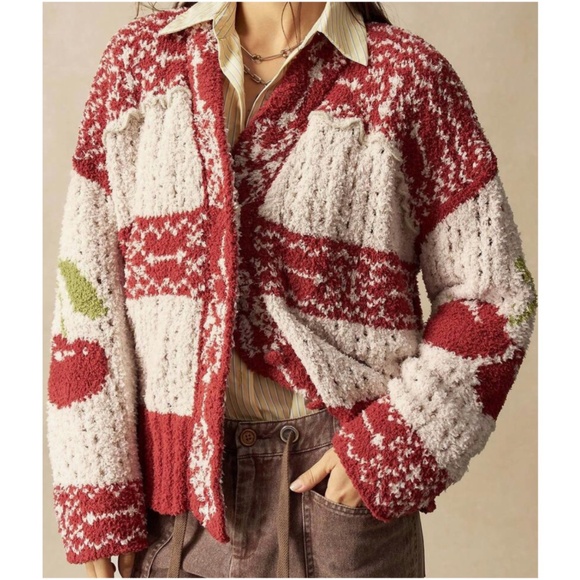 Cozy Cherry Print Berber Button Down Cardigan - Picture 4 of 6